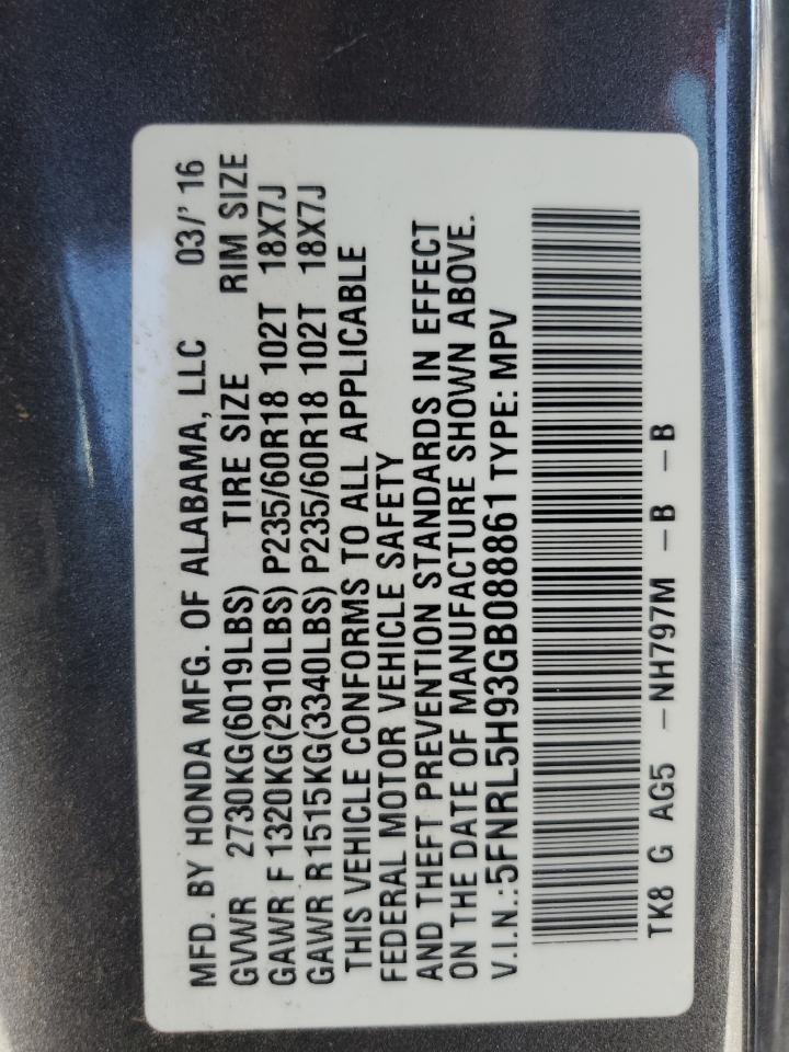 5FNRL5H93GB088861 2016 Honda Odyssey Touring