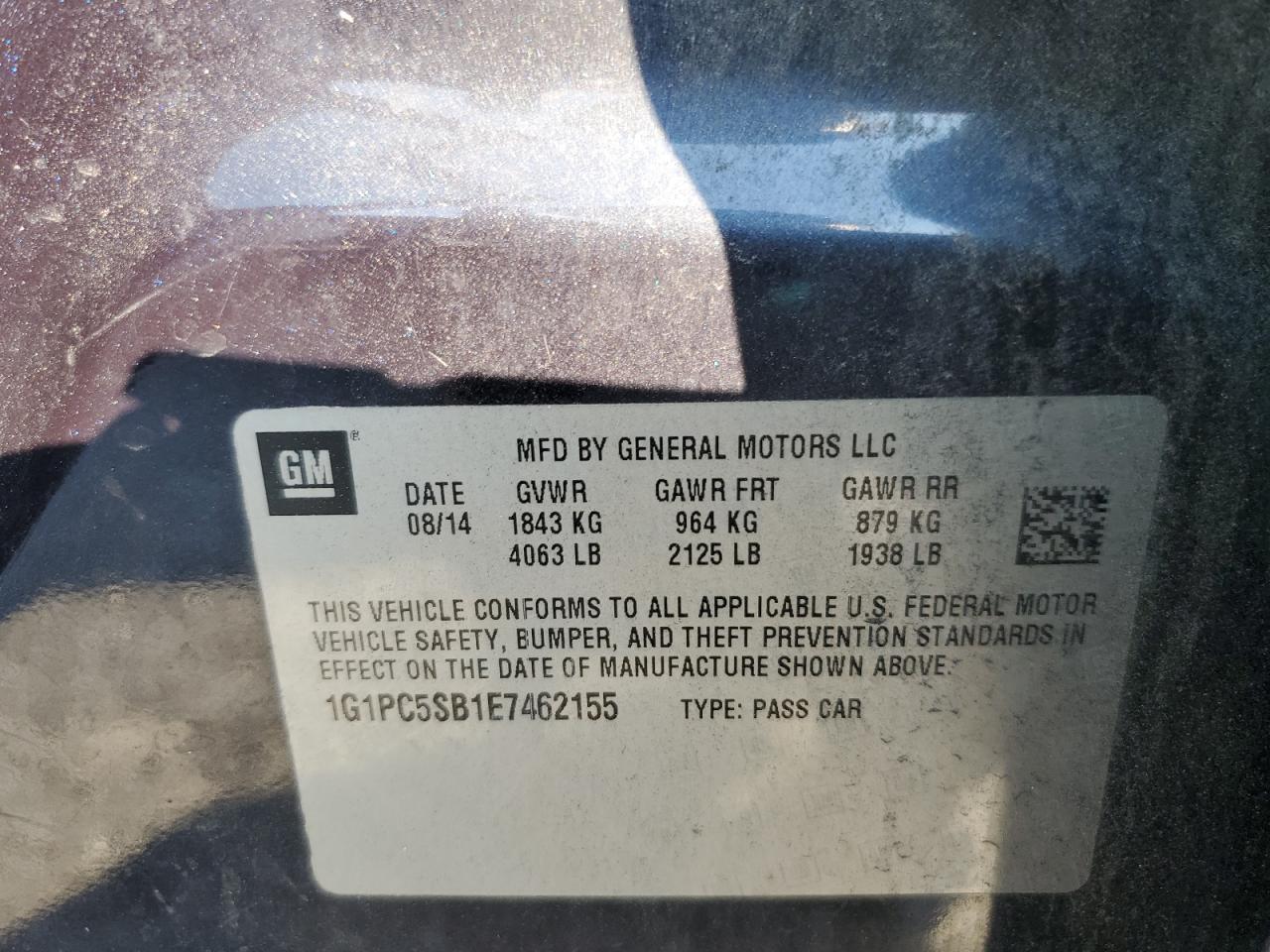 2014 Chevrolet Cruze Lt VIN: 1G1PC5SB1E7462155 Lot: 75910854