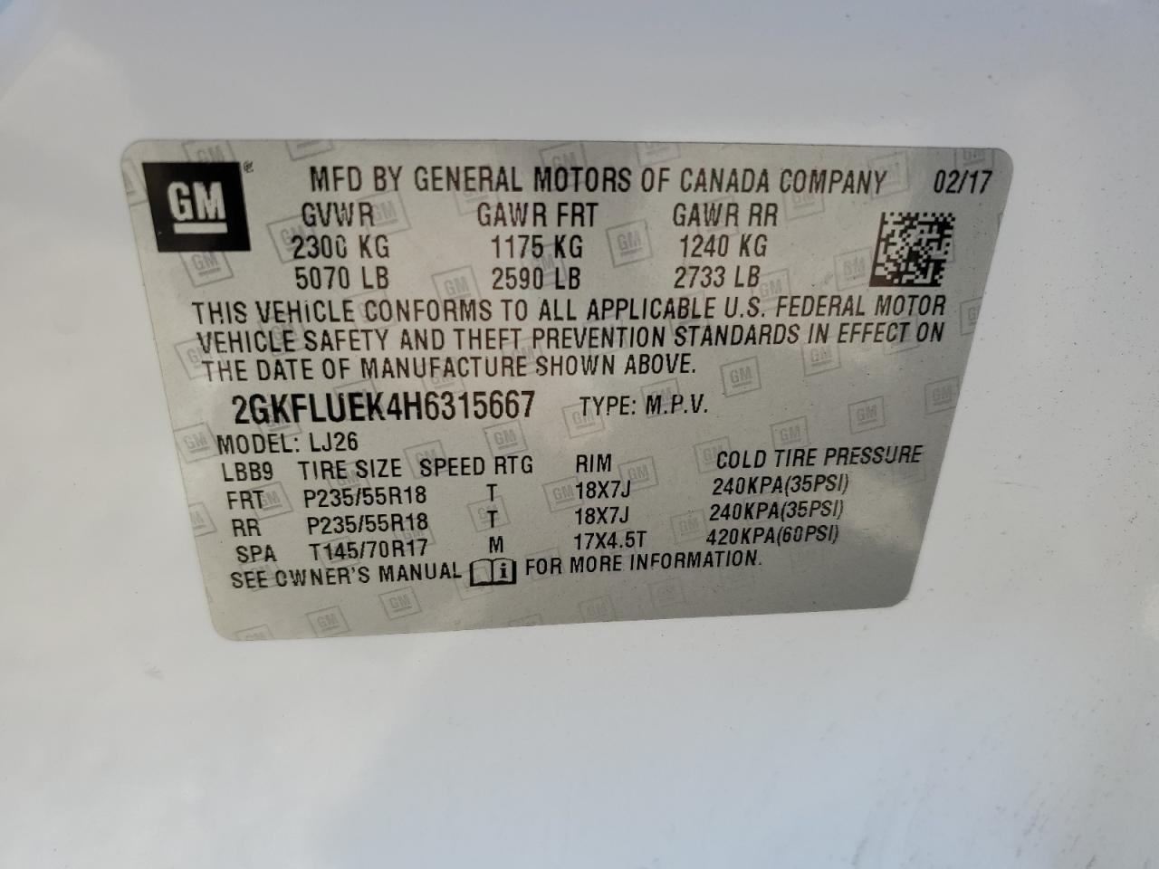 2GKFLUEK4H6315667 2017 GMC Terrain Slt