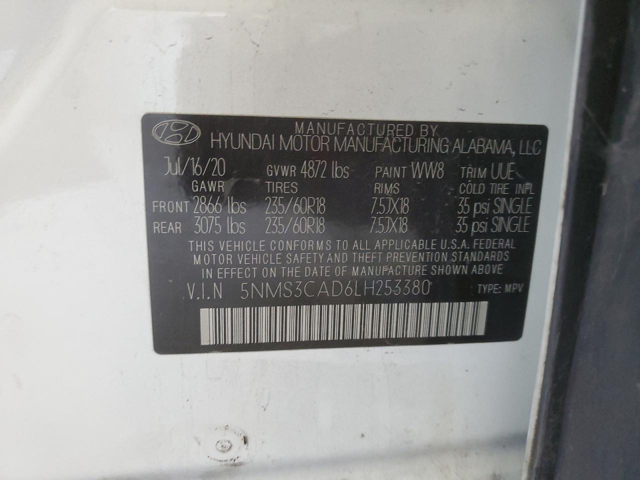 2020 Hyundai Santa Fe Sel VIN: 5NMS3CAD6LH253380 Lot: 75171654