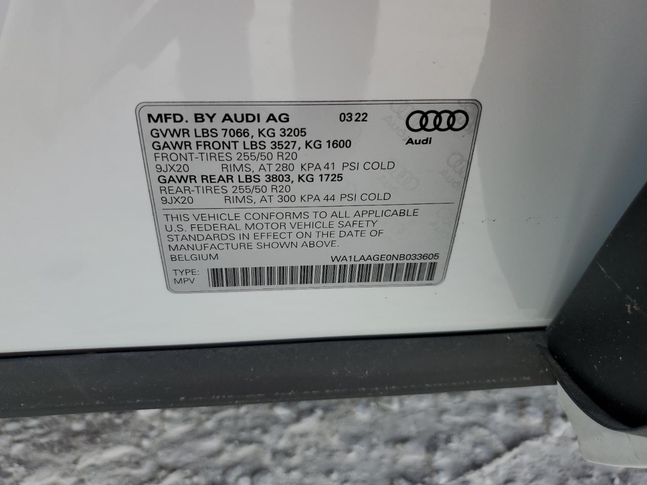 2022 Audi E-Tron Premium Plus VIN: WA1LAAGE0NB033605 Lot: 74809674