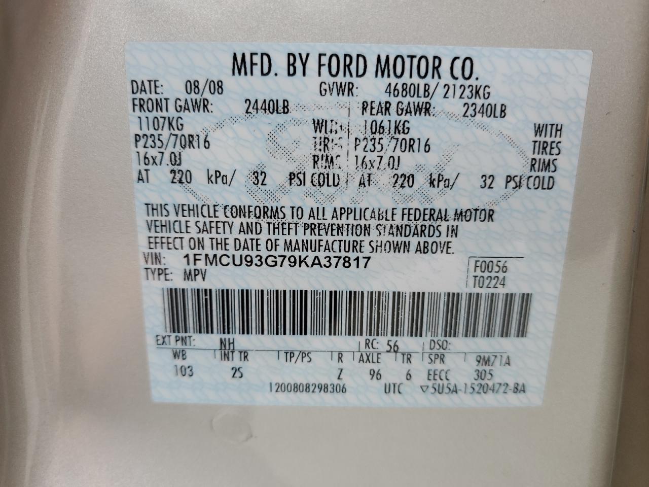 2009 Ford Escape Xlt VIN: 1FMCU93G79KA37817 Lot: 76561234