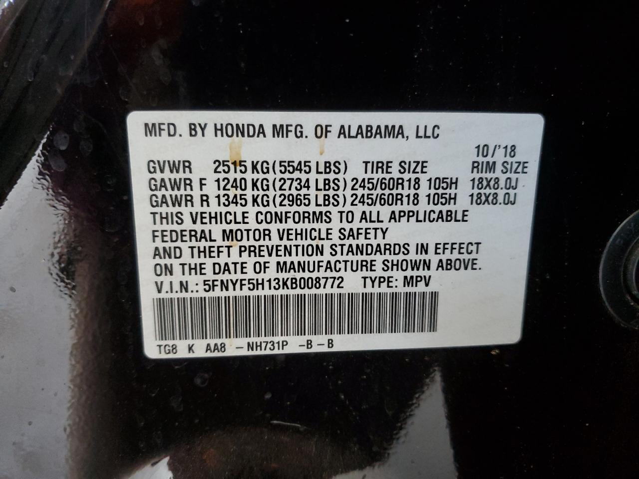 5FNYF5H13KB008772 2019 HONDA PILOT - Image 13