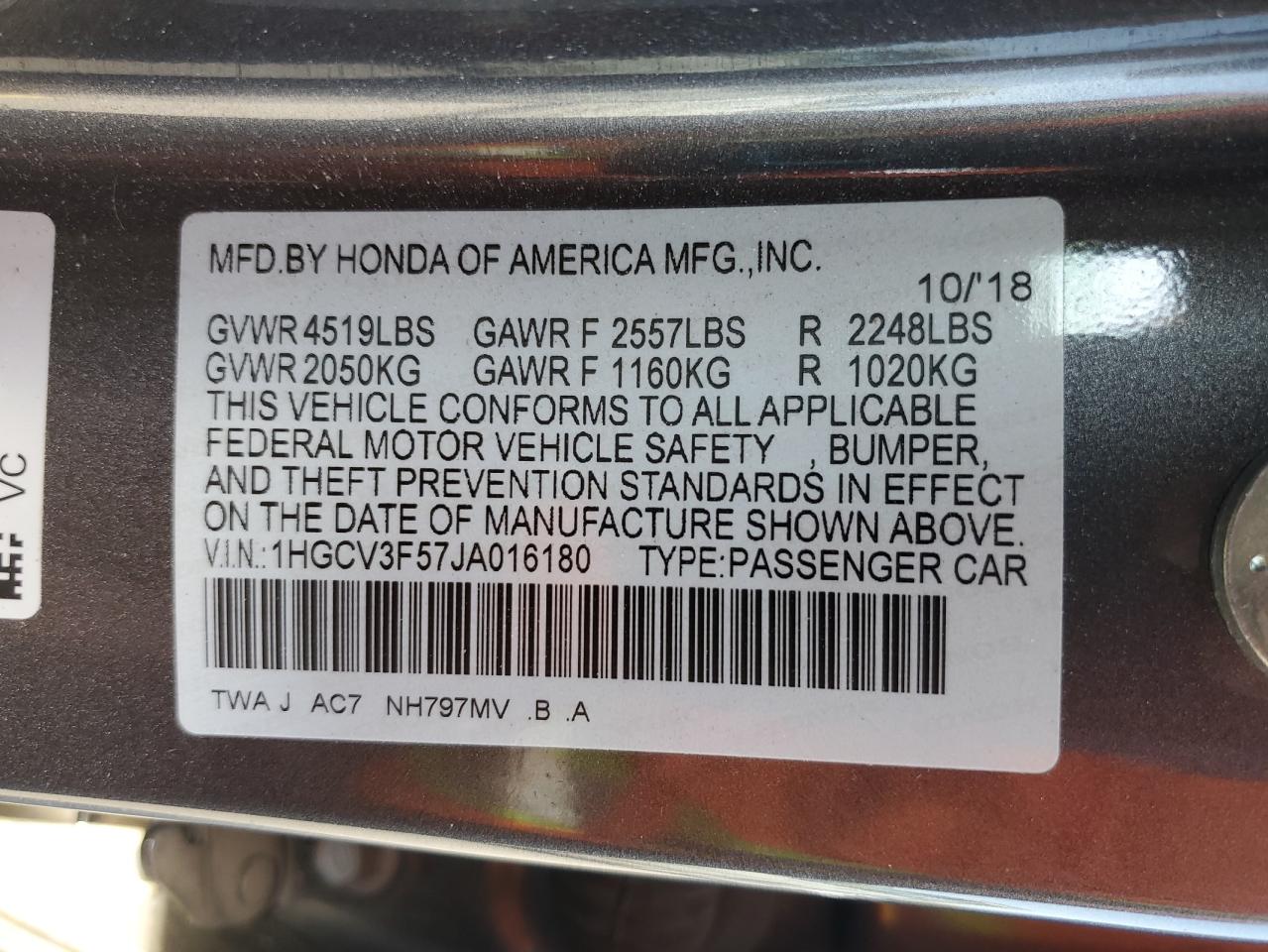 1HGCV3F57JA016180 2018 Honda Accord Hybrid Exl