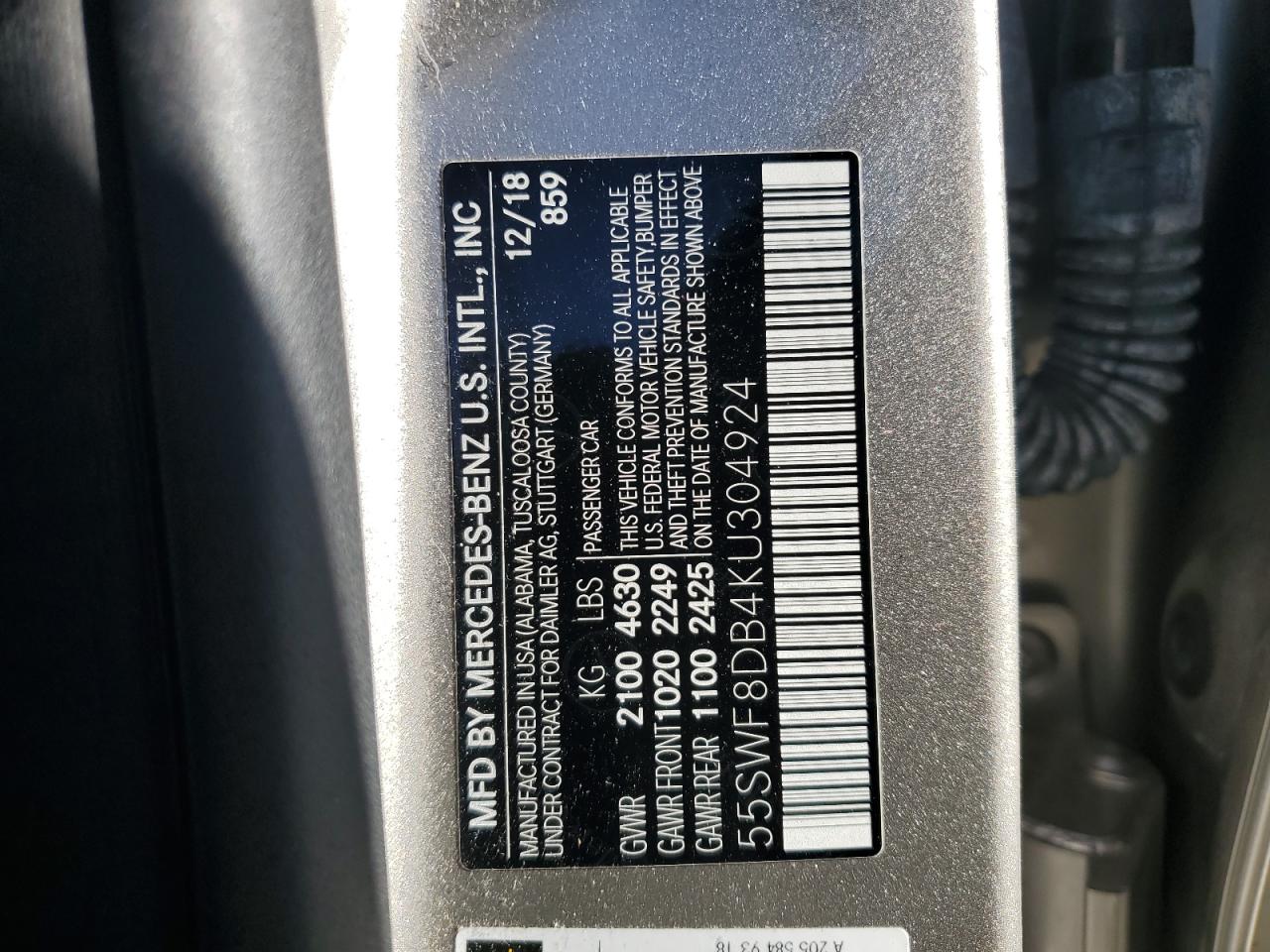 2019 Mercedes-Benz C 300 VIN: 55SWF8DB4KU304924 Lot: 75056764