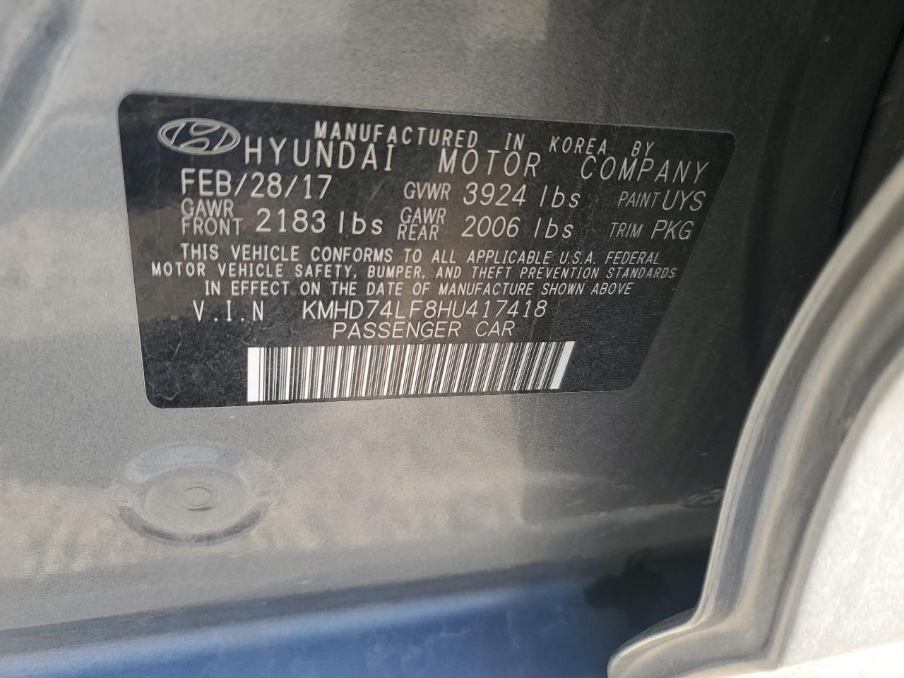 KMHD74LF8HU417418 2017 Hyundai Elantra Se