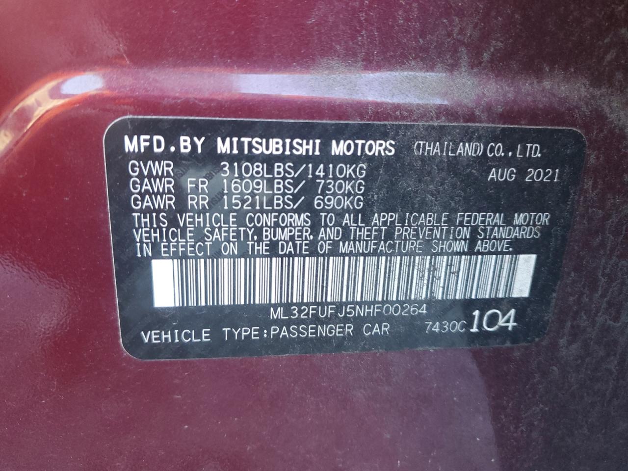 2022 Mitsubishi Mirage G4 Es VIN: ML32FUFJ5NHF00264 Lot: 78353844