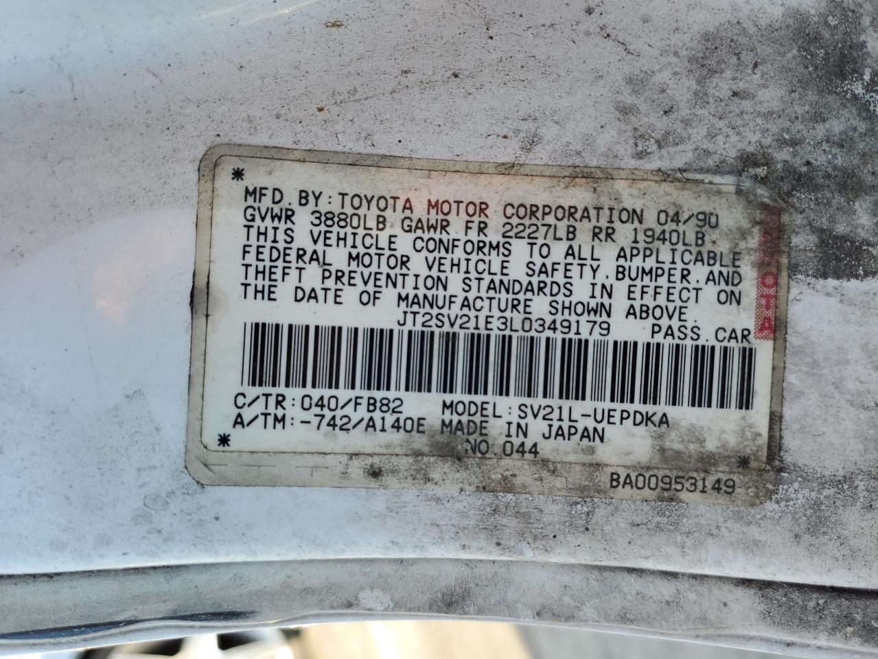 JT2SV21E3L0349179 1990 Toyota Camry Dlx