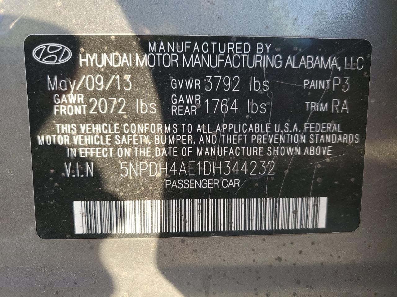 2013 Hyundai Elantra Gls VIN: 5NPDH4AE1DH344232 Lot: 75183034