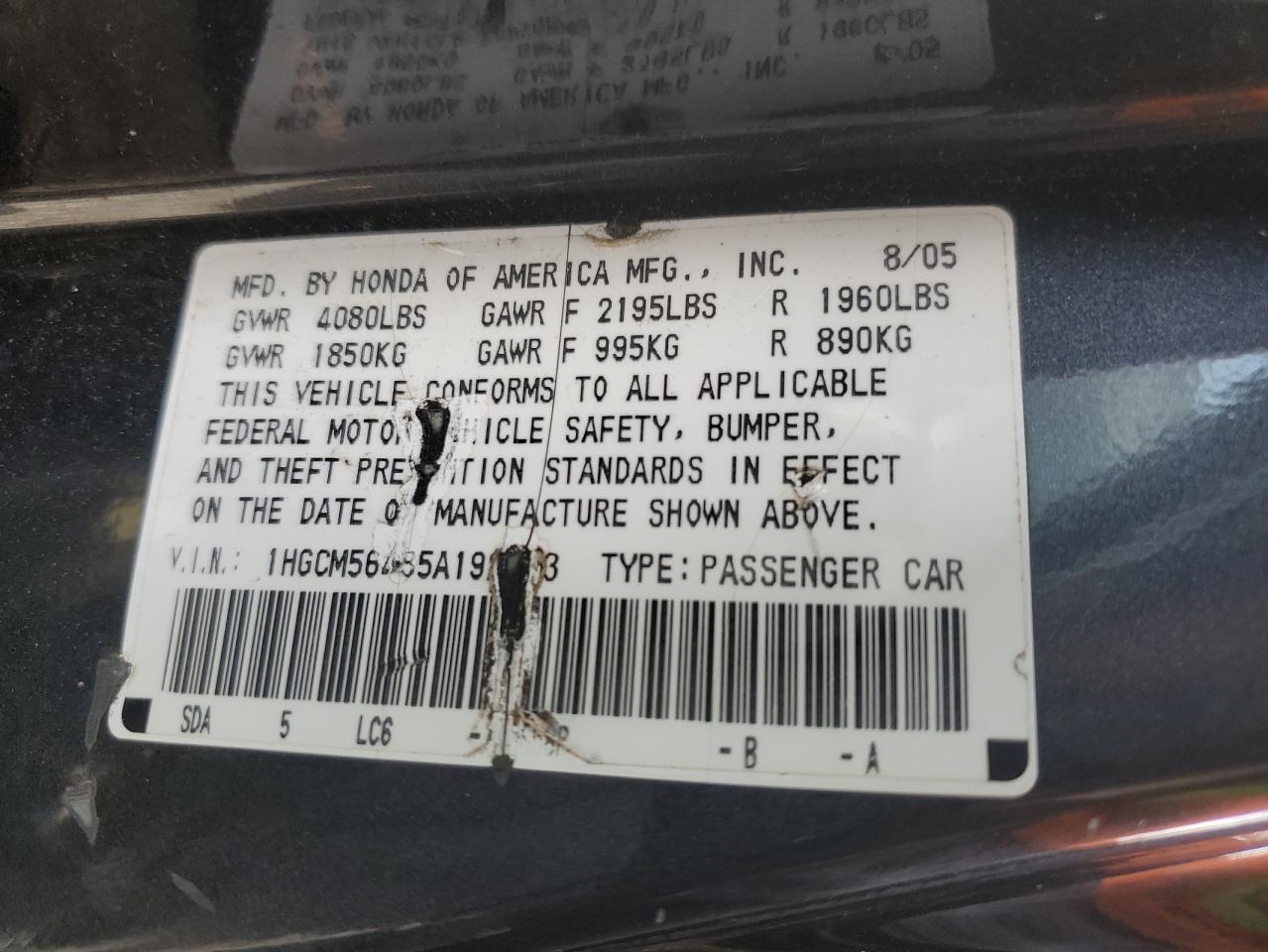 2005 Honda Accord Lx VIN: 1HGCM56485A192053 Lot: 74386244