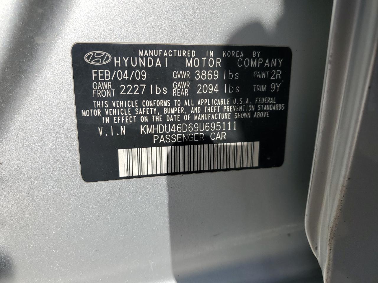 KMHDU46D69U695111 2009 Hyundai Elantra Gls