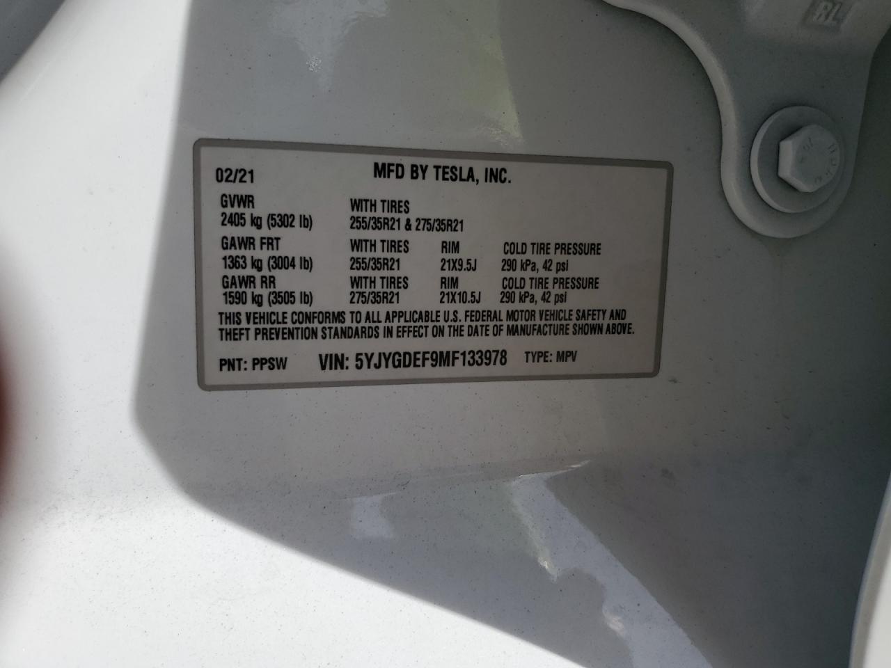 5YJYGDEF9MF133978 2021 Tesla Model Y