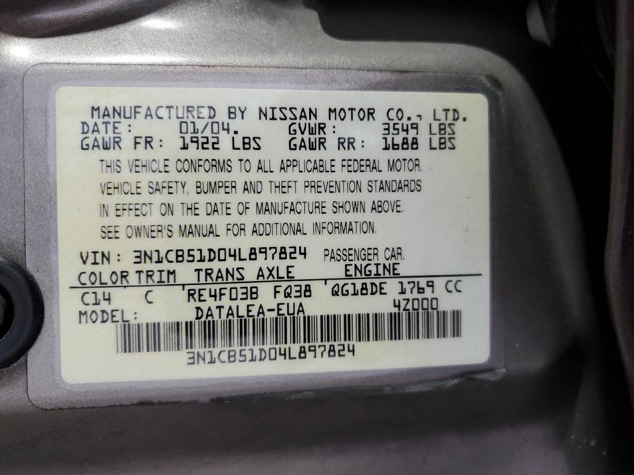 2004 Nissan Sentra 1.8 VIN: 3N1CB51D04L897824 Lot: 75164184