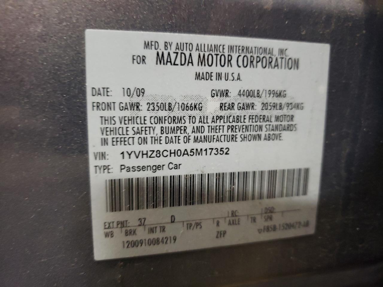 2010 Mazda 6 I VIN: 1YVHZ8CH0A5M17352 Lot: 76615894