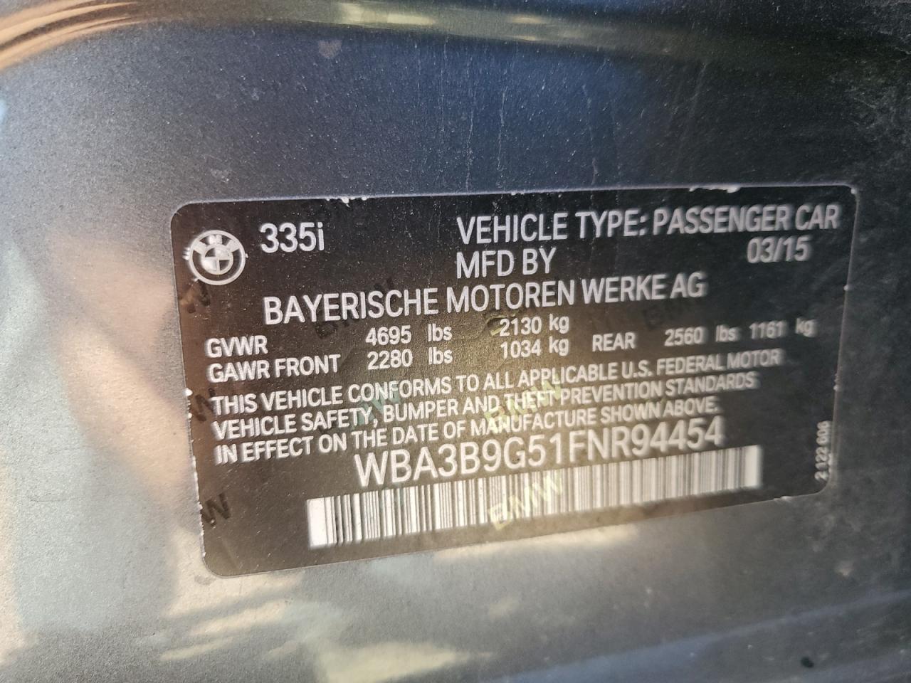 WBA3B9G51FNR94454 2015 BMW 335 Xi