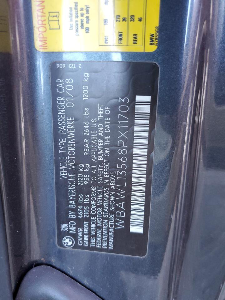 2008 BMW 328 I VIN: WBAWL13568PX11703 Lot: 76289864