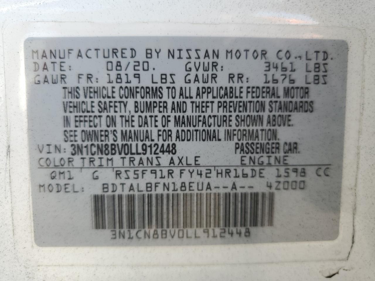 3N1CN8BV0LL912448 2020 Nissan Versa S