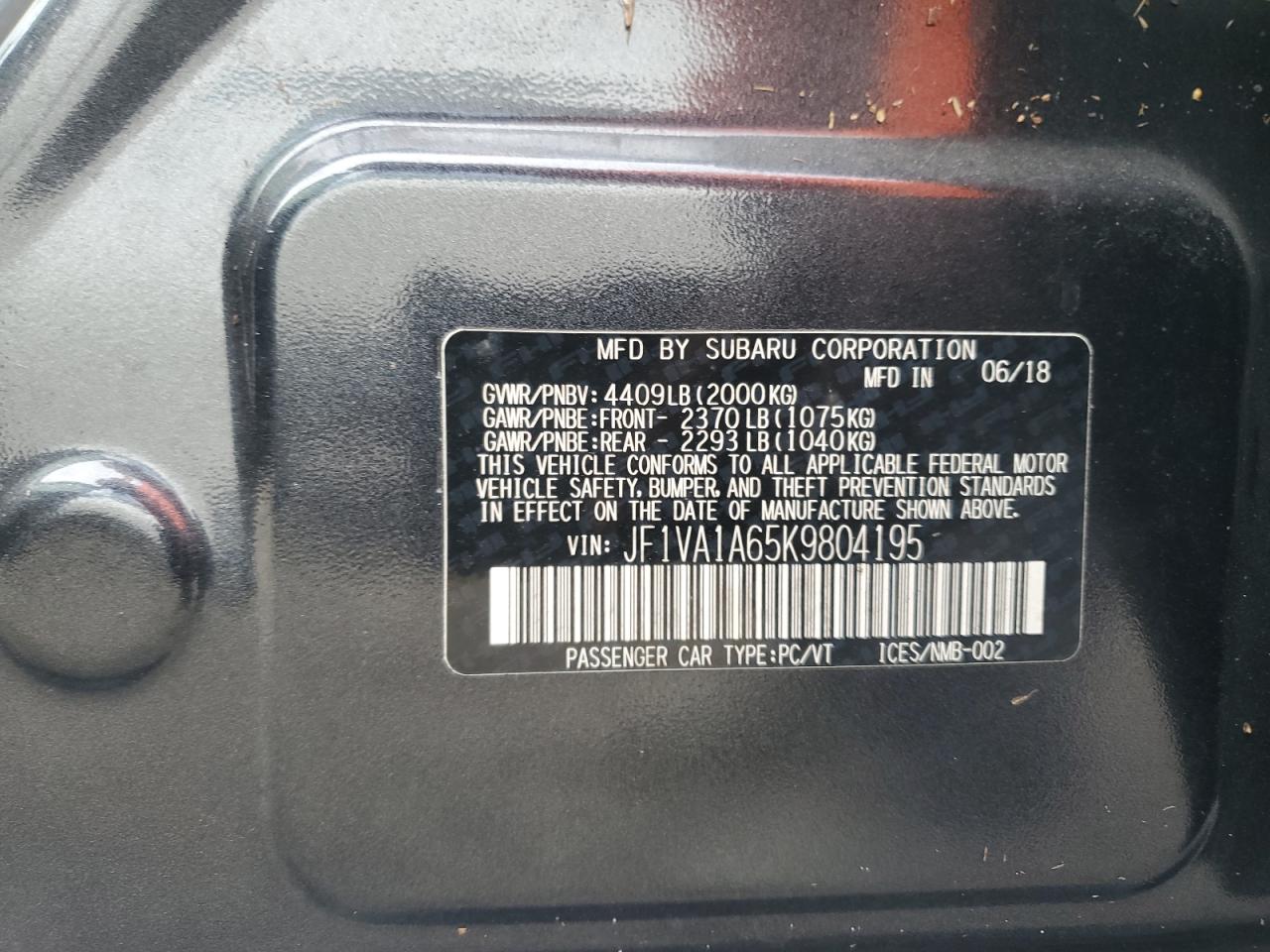 JF1VA1A65K9804195 2019 Subaru Wrx