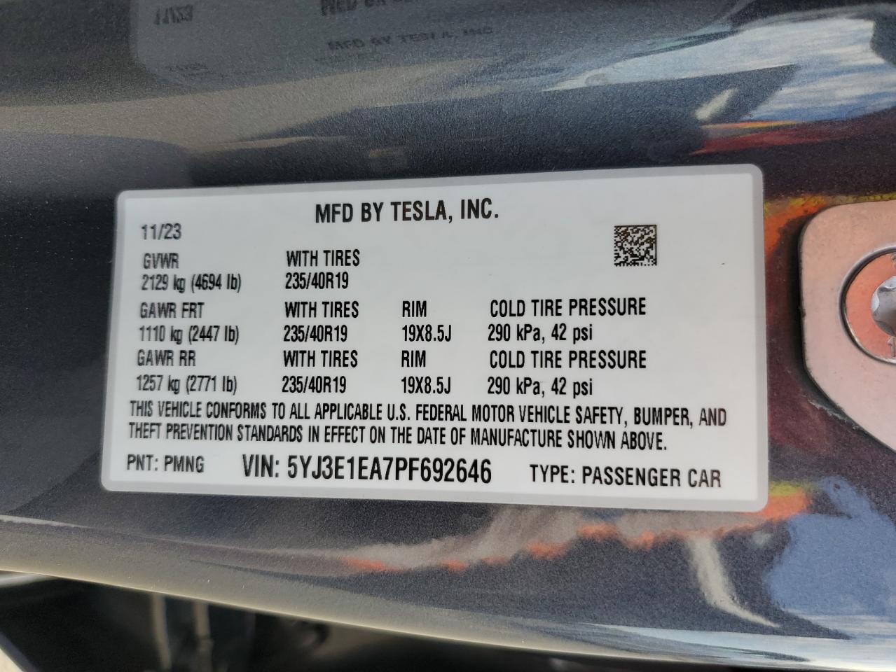 2023 Tesla Model 3 VIN: 5YJ3E1EA7PF692646 Lot: 74273624