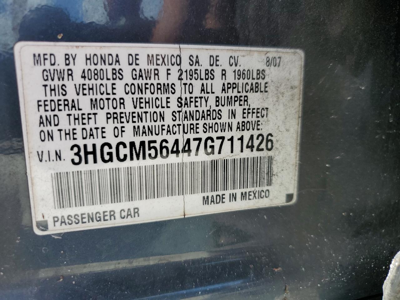 3HGCM56447G711426 2007 Honda Accord Lx