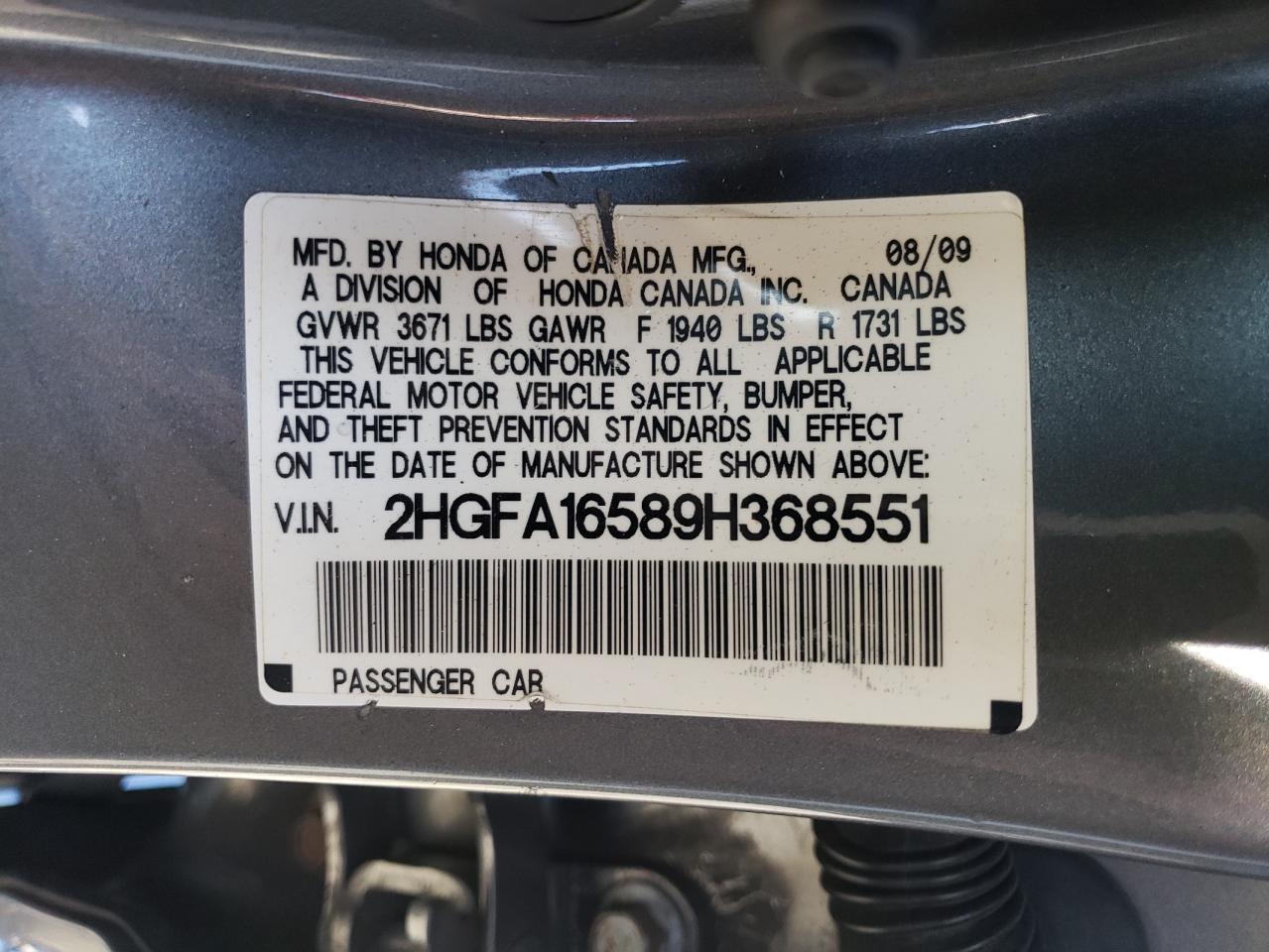 2HGFA16589H368551 2009 Honda Civic Lx