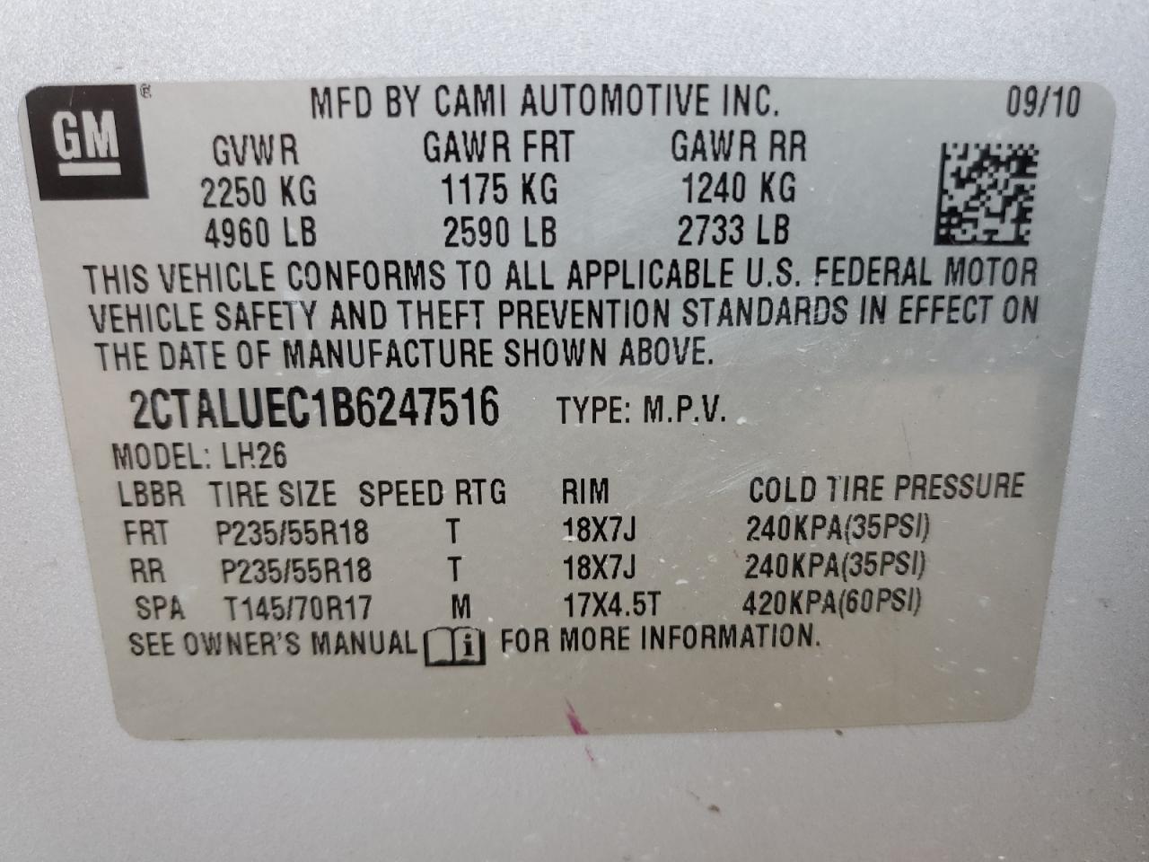 2CTALUEC1B6247516 2011 GMC Terrain Slt