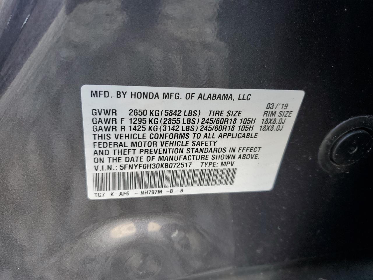 5FNYF6H30KB072517 2019 Honda Pilot Ex