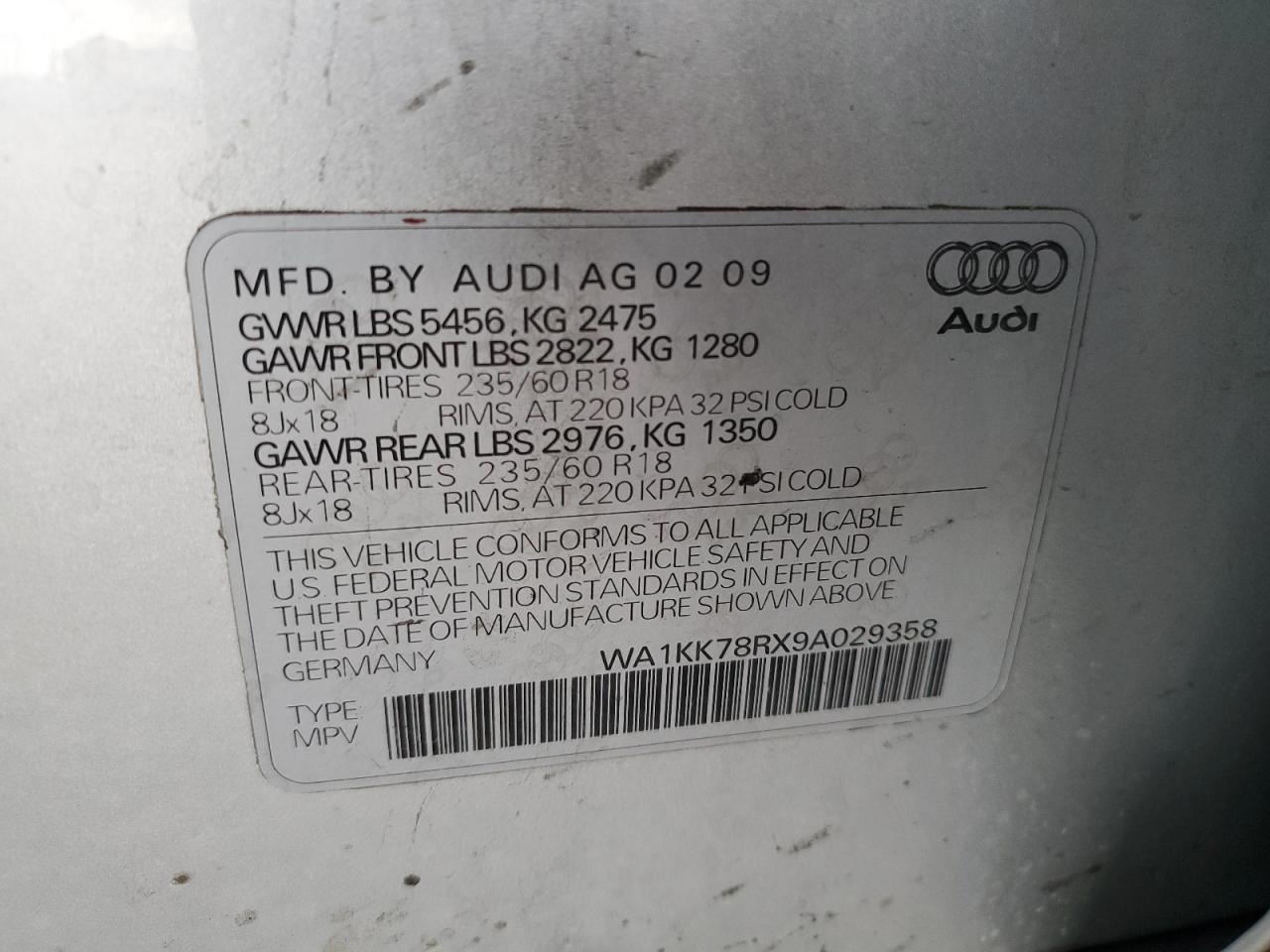 2009 Audi Q5 3.2 VIN: WA1KK78RX9A029358 Lot: 75090554