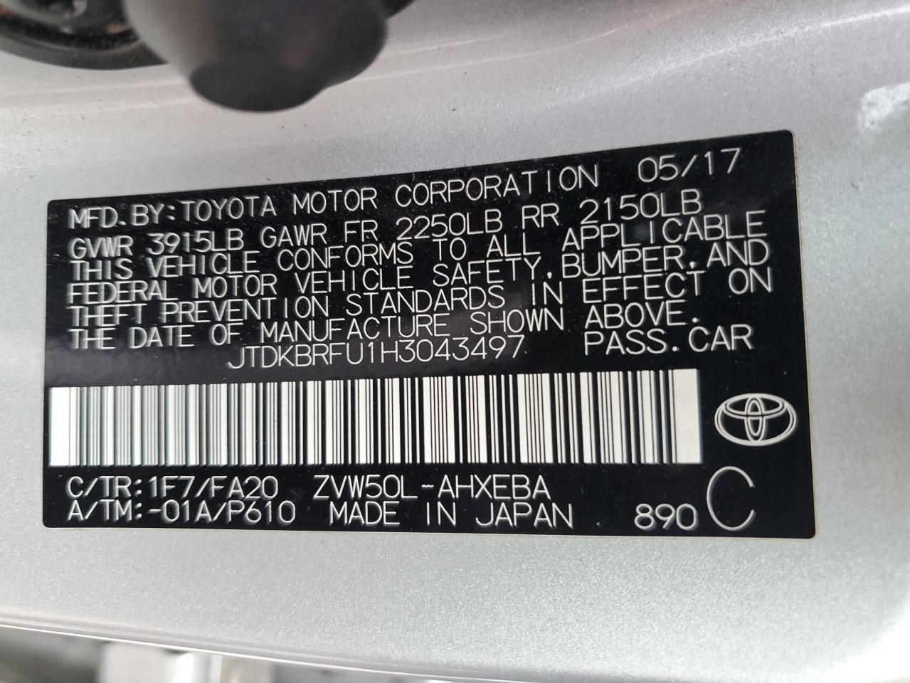 2017 Toyota Prius VIN: JTDKBRFU1H3043497 Lot: 74049124