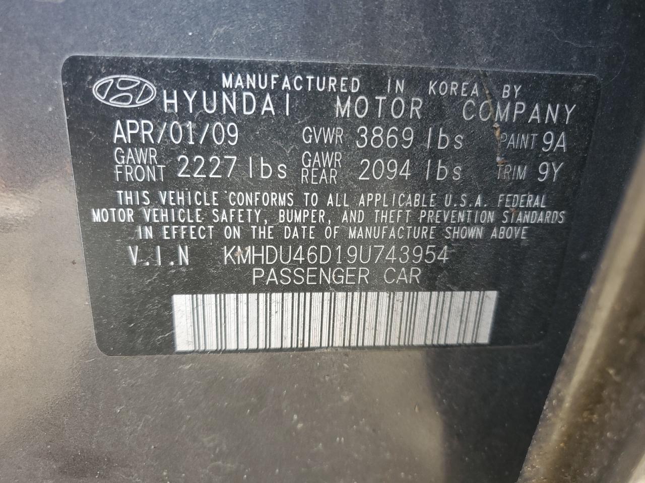 2009 Hyundai Elantra Gls VIN: KMHDU46D19U743954 Lot: 68539884