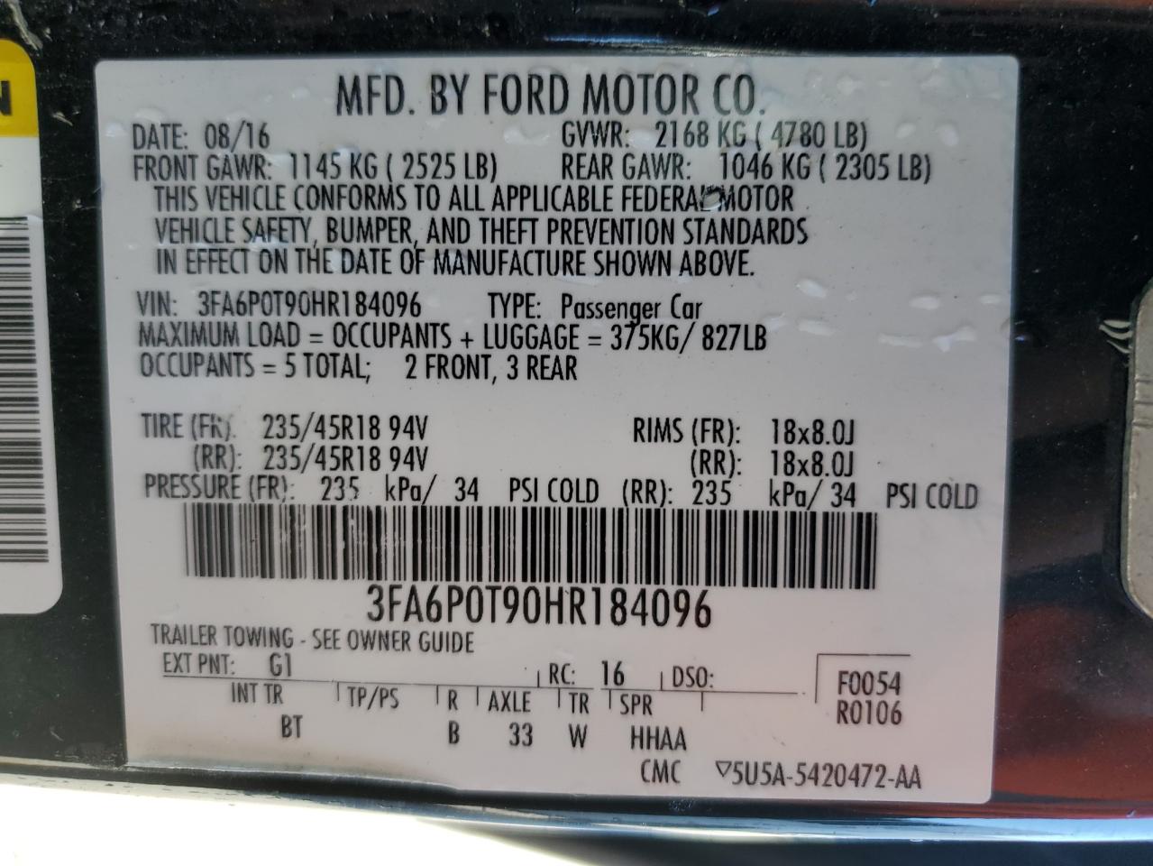 3FA6P0T90HR184096 2017 Ford Fusion Se