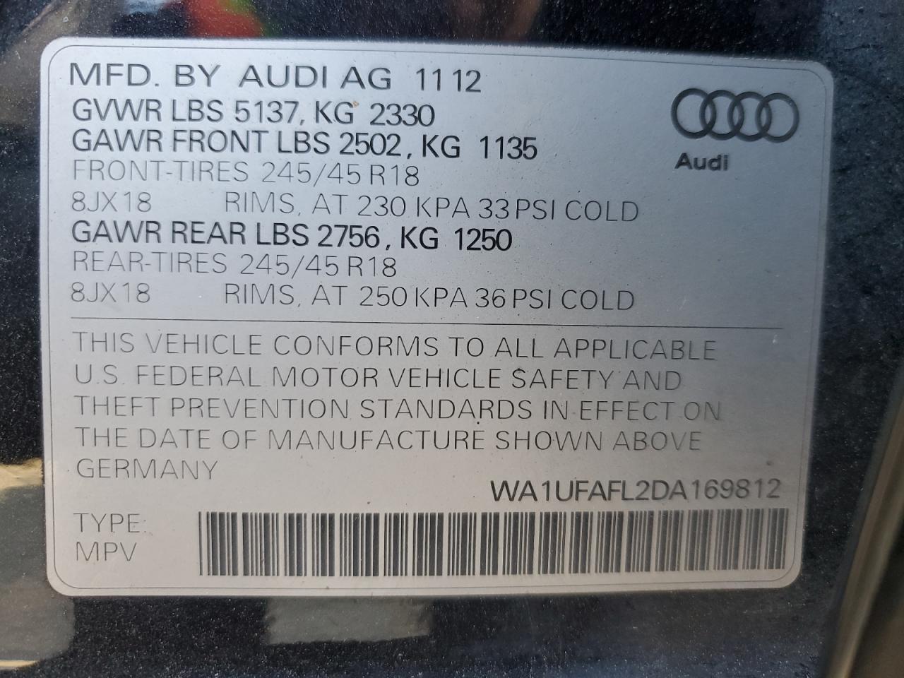 2013 Audi A4 Allroad Premium Plus VIN: WA1UFAFL2DA169812 Lot: 76697284