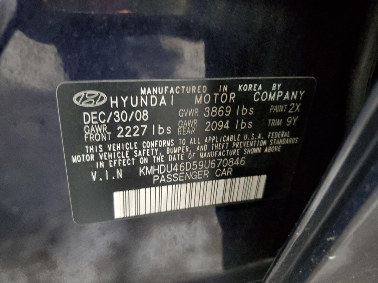 KMHDU46D59U670846 2009 Hyundai Elantra Gls