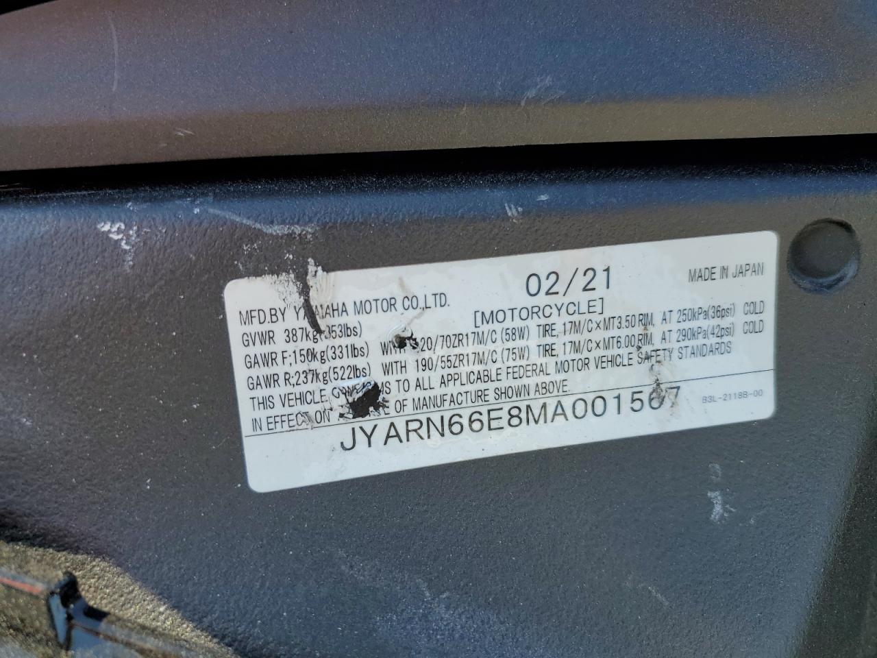 2021 Yamaha Yzfr1 VIN: JYARN66E8MA001567 Lot: 77188694