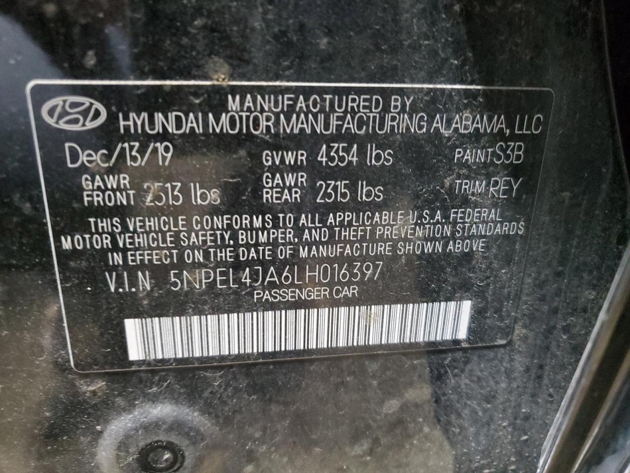 5NPEL4JA6LH016397 2020 Hyundai Sonata Sel