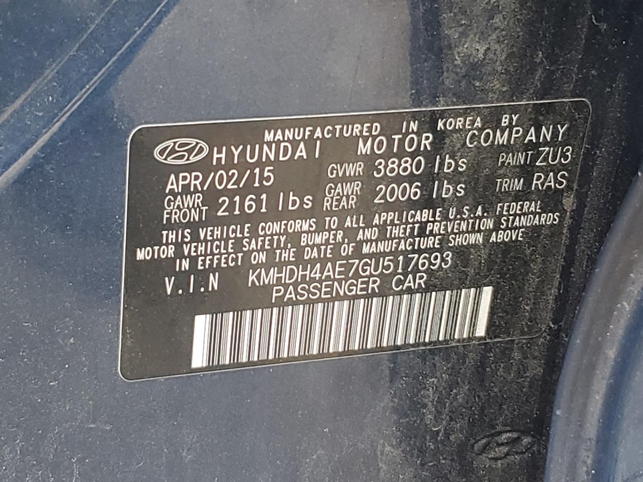 2016 Hyundai Elantra Se VIN: KMHDH4AE7GU517693 Lot: 75225554