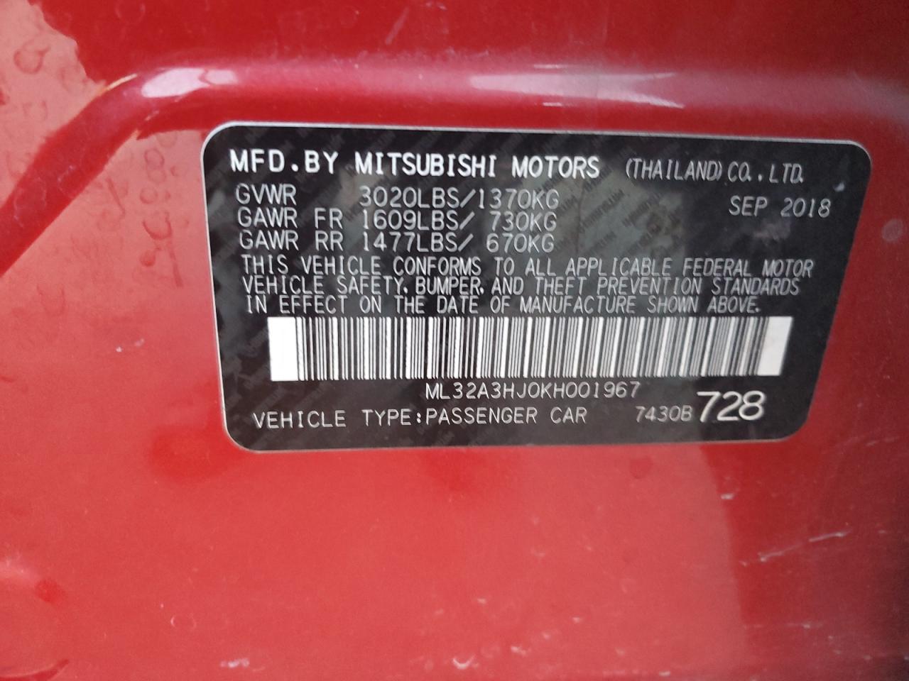 2019 Mitsubishi Mirage Es VIN: ML32A3HJ0KH001967 Lot: 77220204