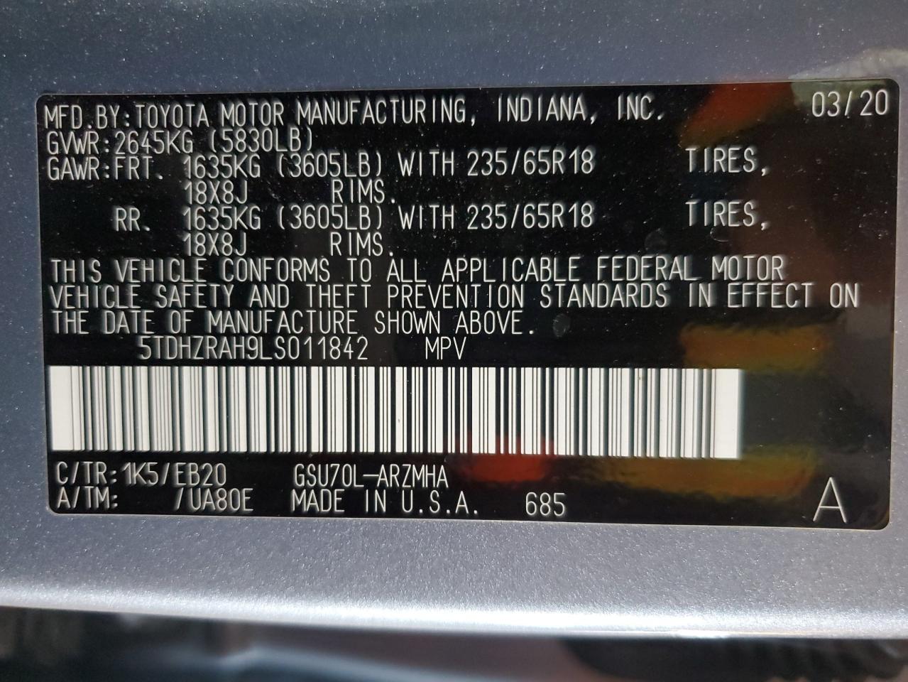 5TDHZRAH9LS011842 2020 TOYOTA HIGHLANDER - Image 13