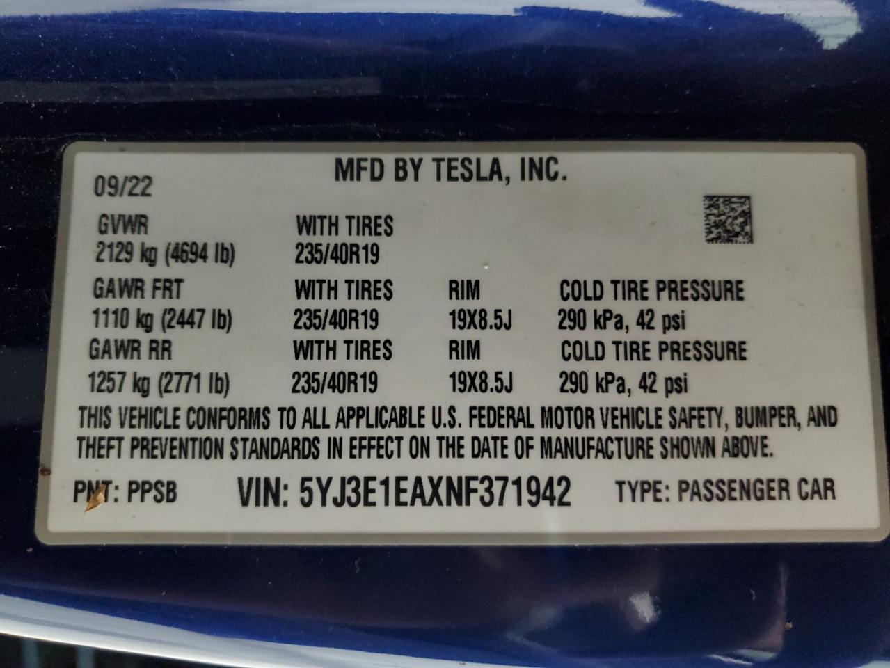 2022 Tesla Model 3 VIN: 5YJ3E1EAXNF371942 Lot: 78307084