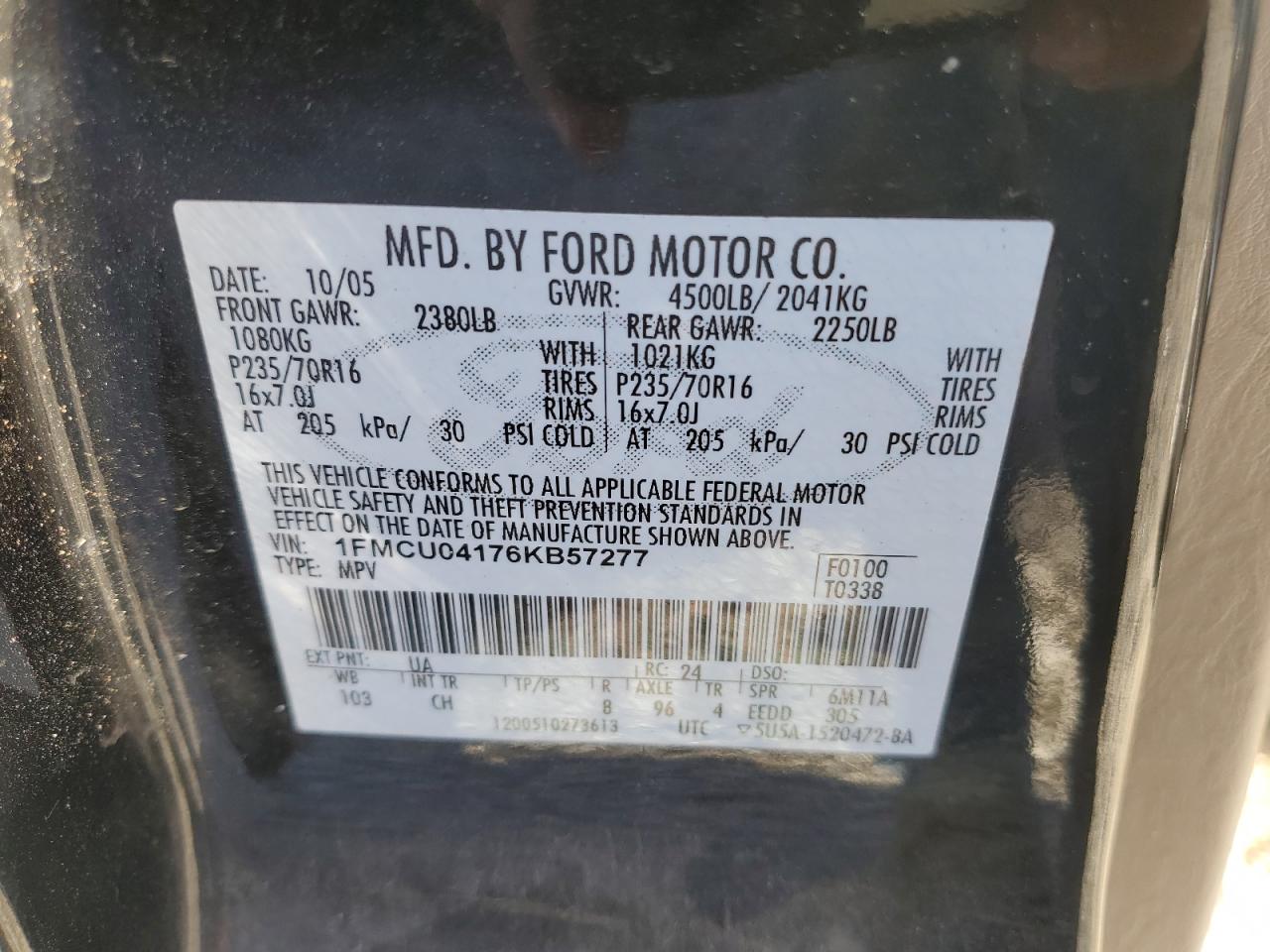 2006 Ford Escape Limited VIN: 1FMCU04176KB57277 Lot: 75175174