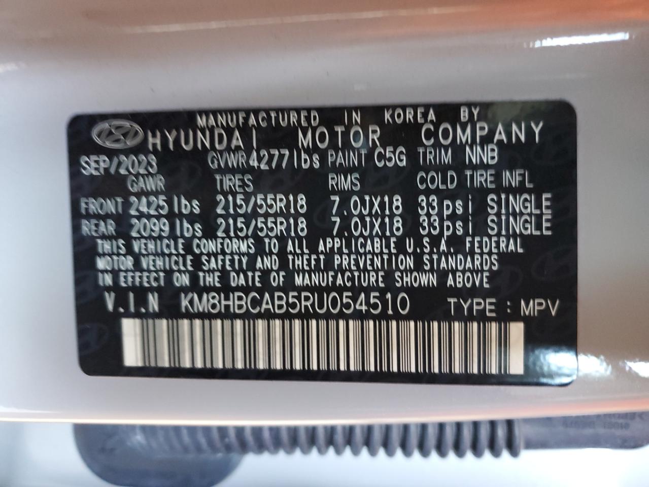 2024 Hyundai Kona Sel VIN: KM8HBCAB5RU054510 Lot: 73997804