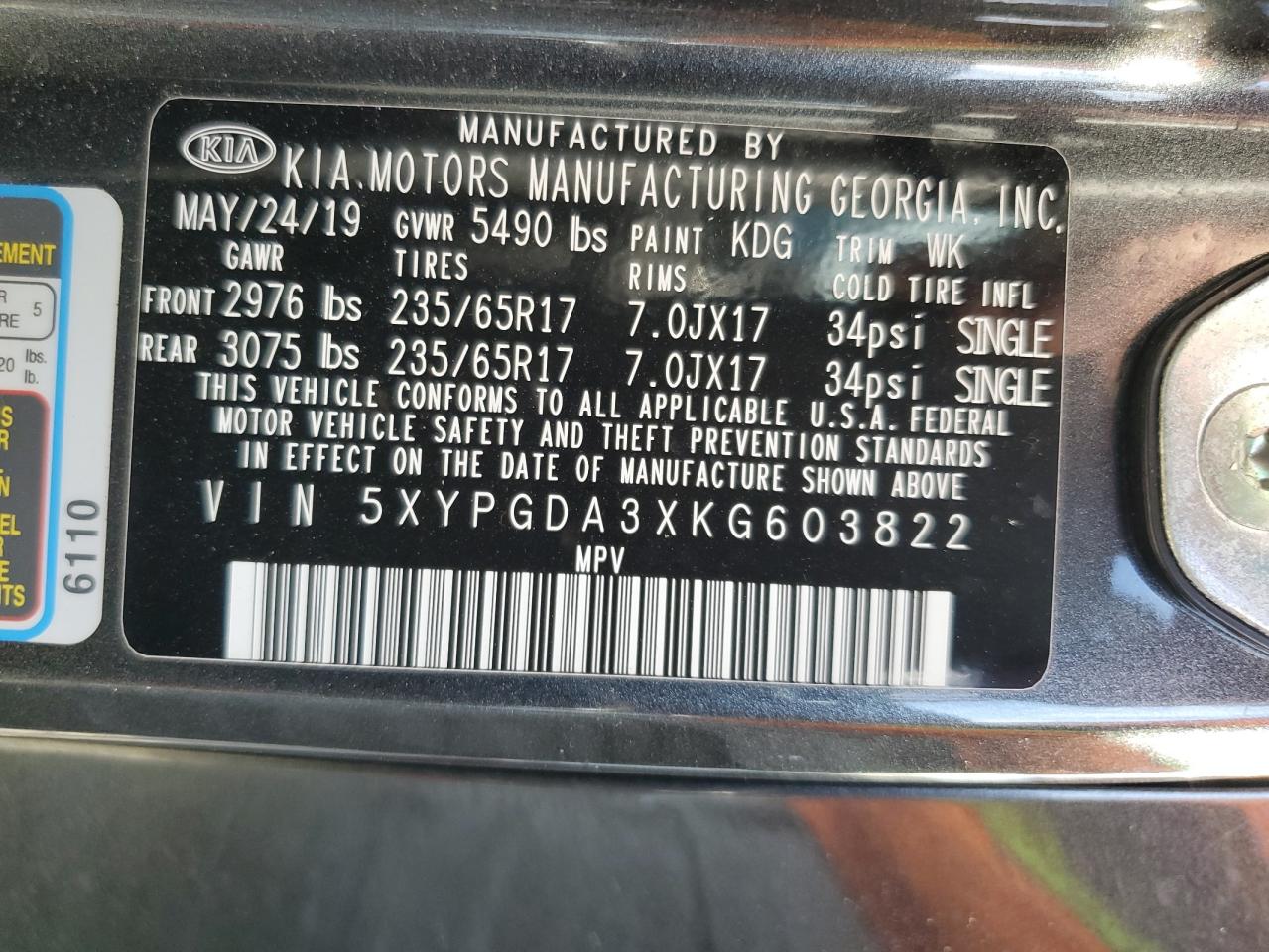 5XYPGDA3XKG603822 2019 Kia Sorento L