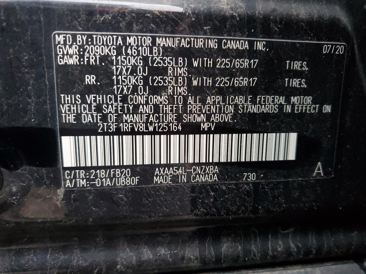 2020 Toyota Rav4 Le VIN: 2T3F1RFV8LW125164 Lot: 75469214