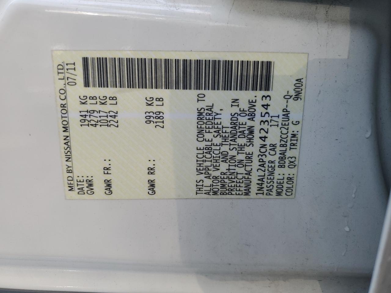 1N4AL2AP3CN423543 2012 Nissan Altima Base