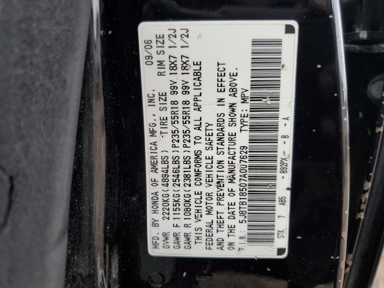 2007 Acura Rdx Technology VIN: 5J8TB18507A007629 Lot: 73986234