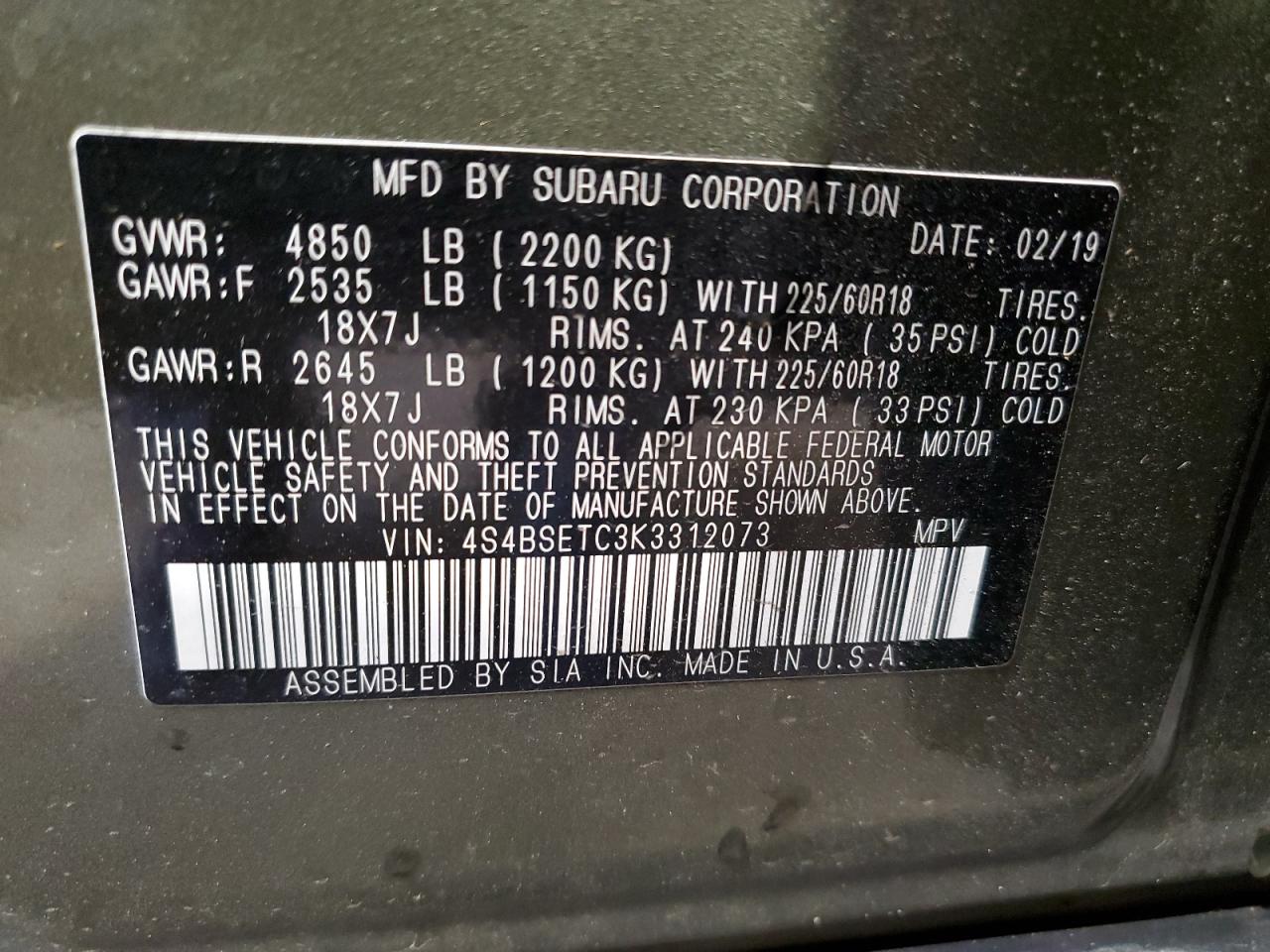 4S4BSETC3K3312073 2019 Subaru Outback Touring