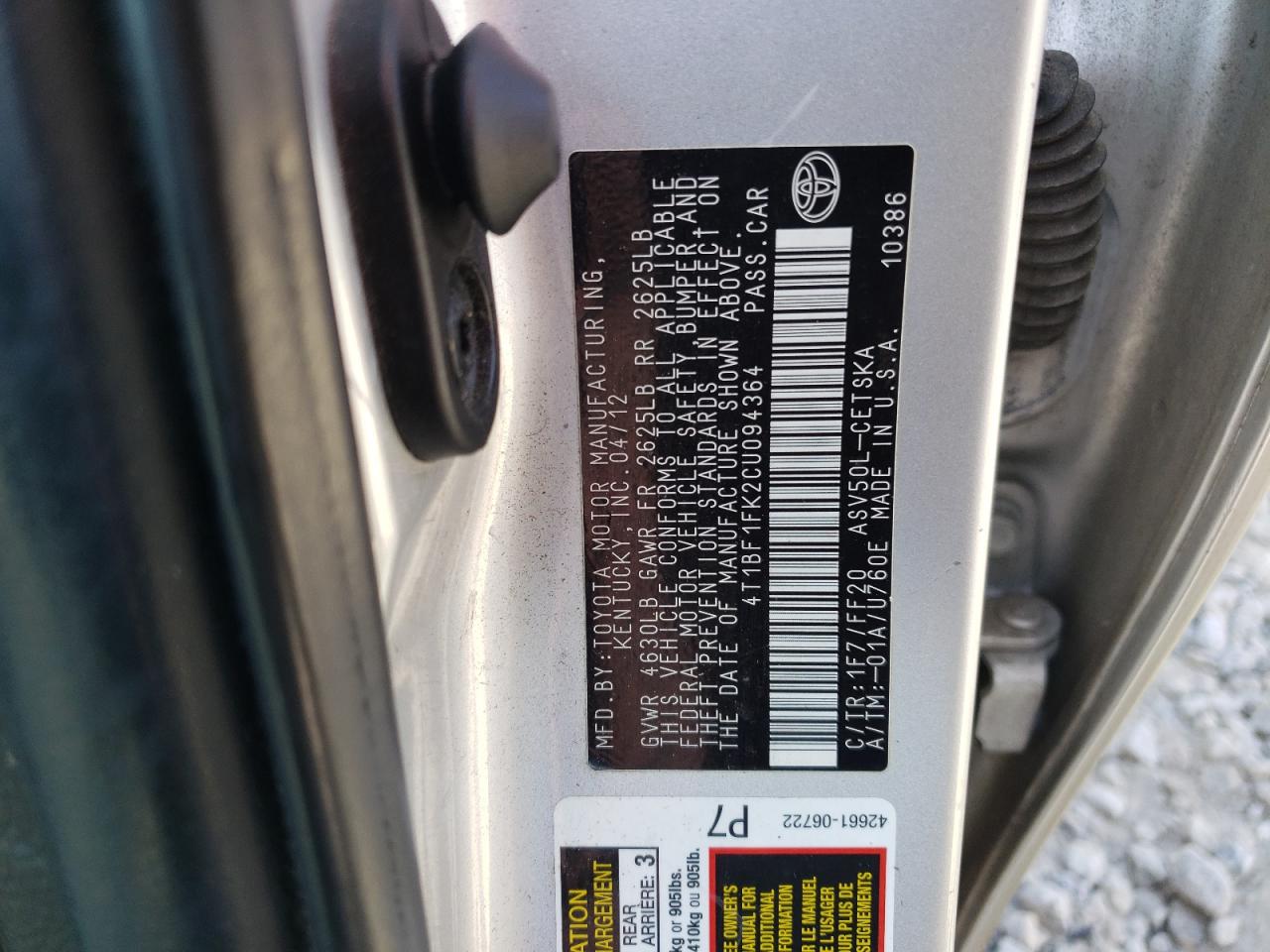 4T1BF1FK2CU094364 2012 Toyota Camry Base