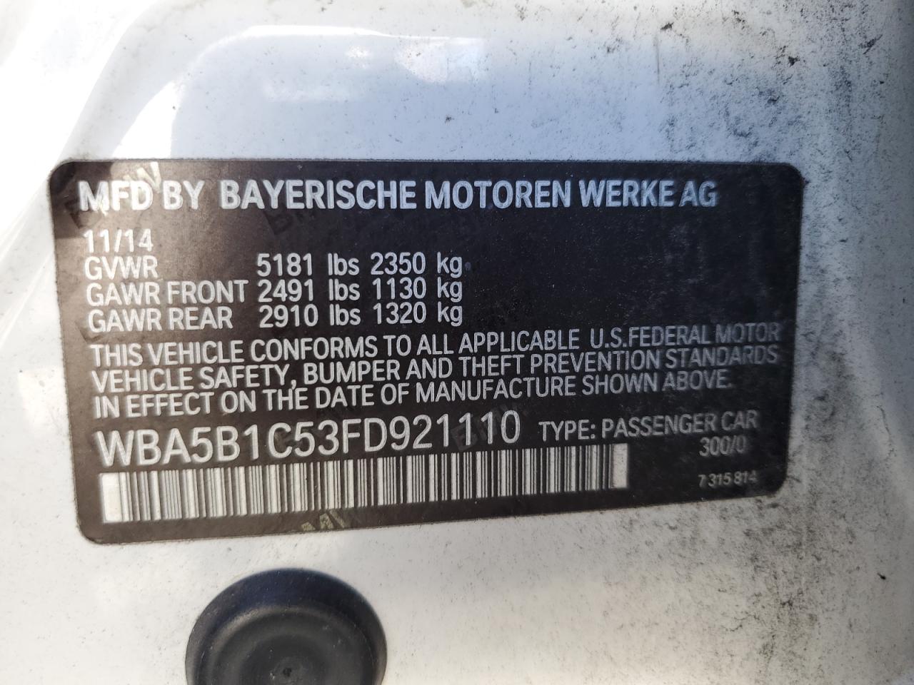 WBA5B1C53FD921110 2015 BMW 535 I