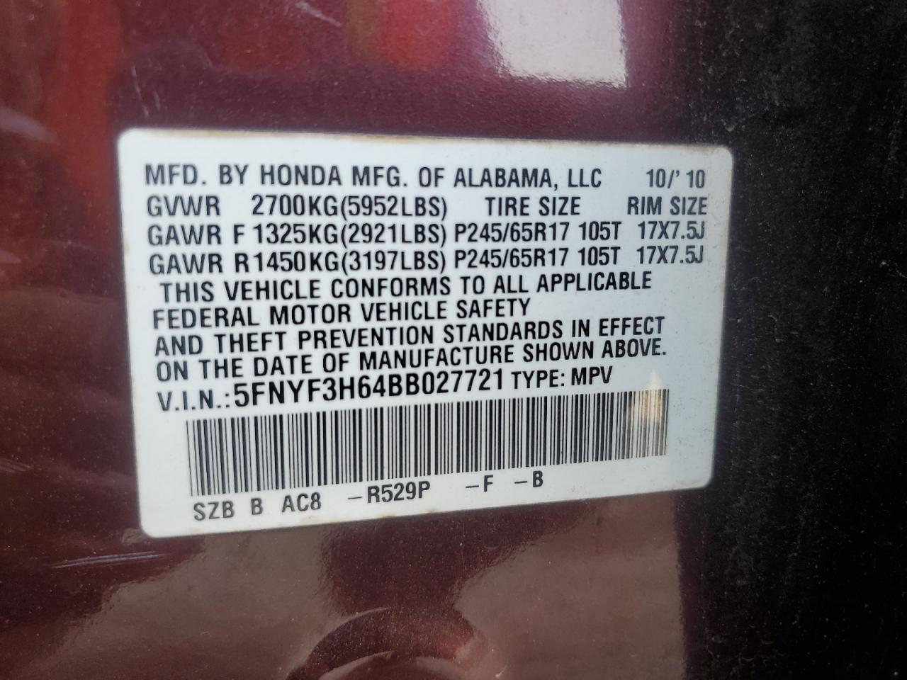 5FNYF3H64BB027721 2011 Honda Pilot Exl