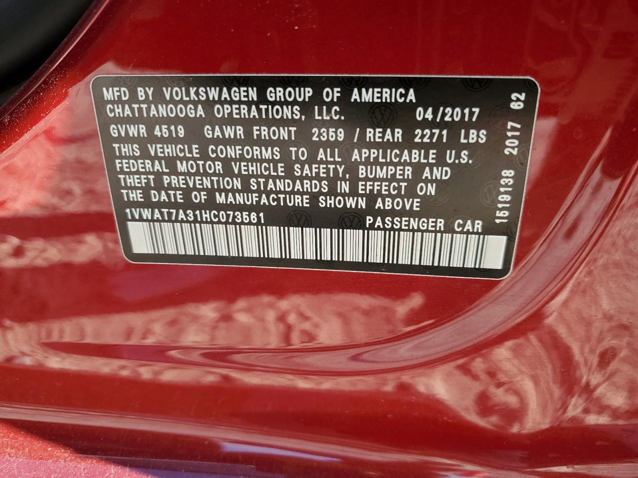 1VWAT7A31HC073561 2017 Volkswagen Passat S